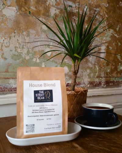 Sachet de grains de café avec plante et tasse - House Blend Brazil-Kenya